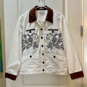 Drapers & Damons Cream Denim Jacket Embroidered Beaded Stretch Size L